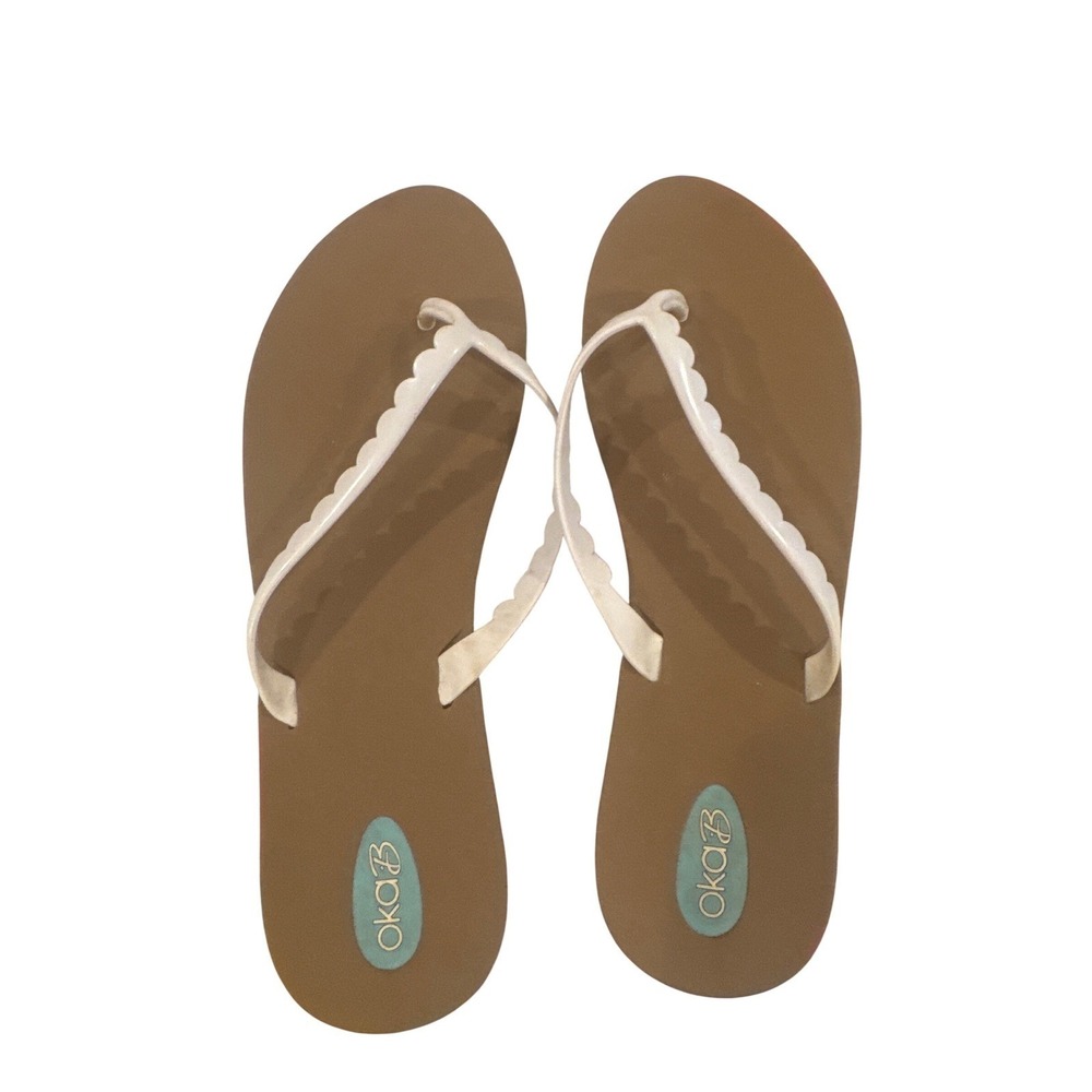 Oka-B Womens Scalloped Flip Flopd Tan White Size 11 Made in USA Waterproof
